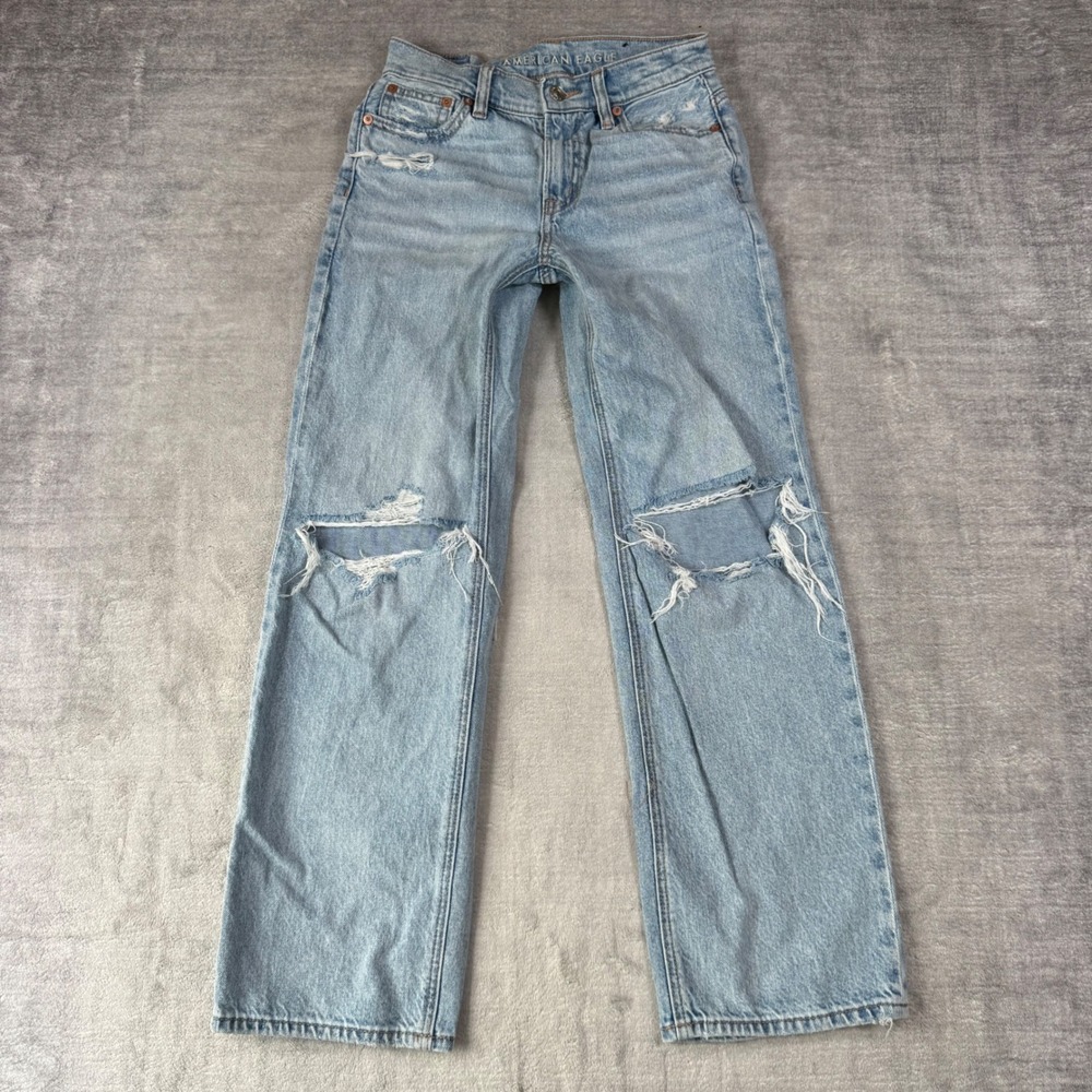 American Eagle Jeans Womens 000 Short Light Blue Strigid Straight Distressed Y2K